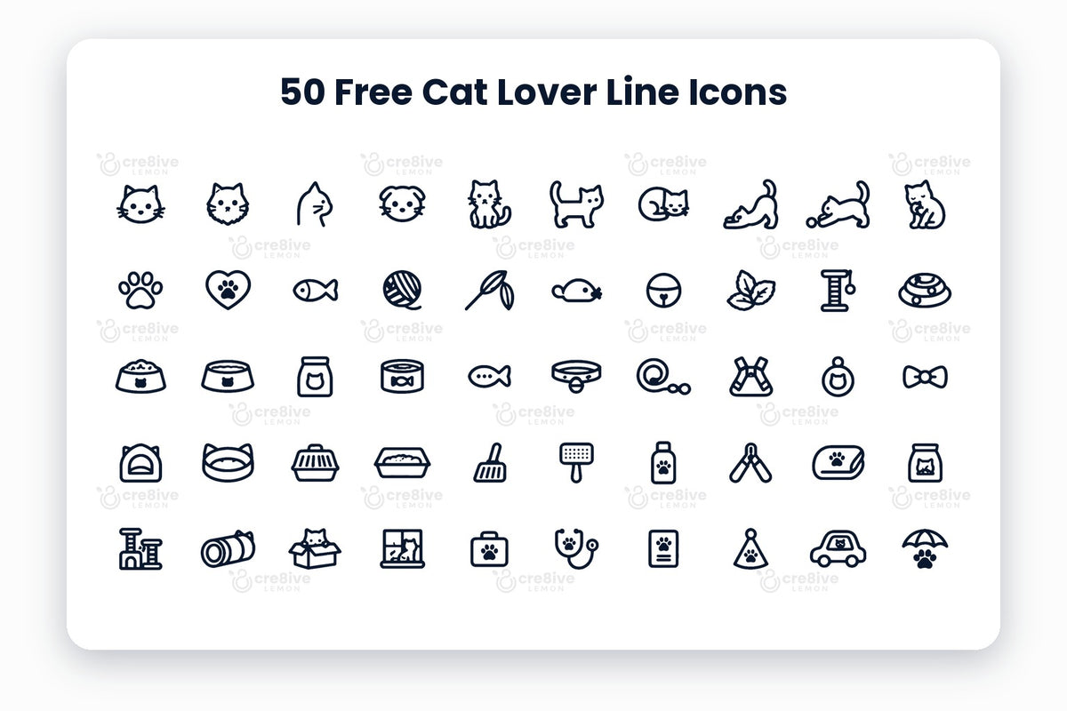 50 Free Cat Lover Line Icons preview: navy line icons of cats, toys, food, accessories and care items