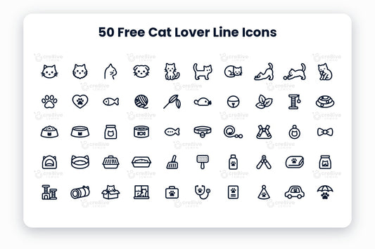 50 Free Cat Lover Line Icons preview: navy line icons of cats, toys, food, accessories and care items