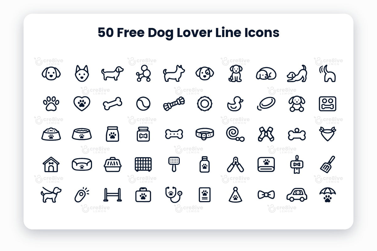 50 Free Dog Lover Line Icons preview: navy line icons of dogs, toys, food, accessories and care items