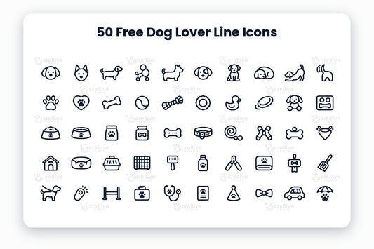 50 Free Dog Lover Line Icons preview: navy line icons of dogs, toys, food, accessories and care items