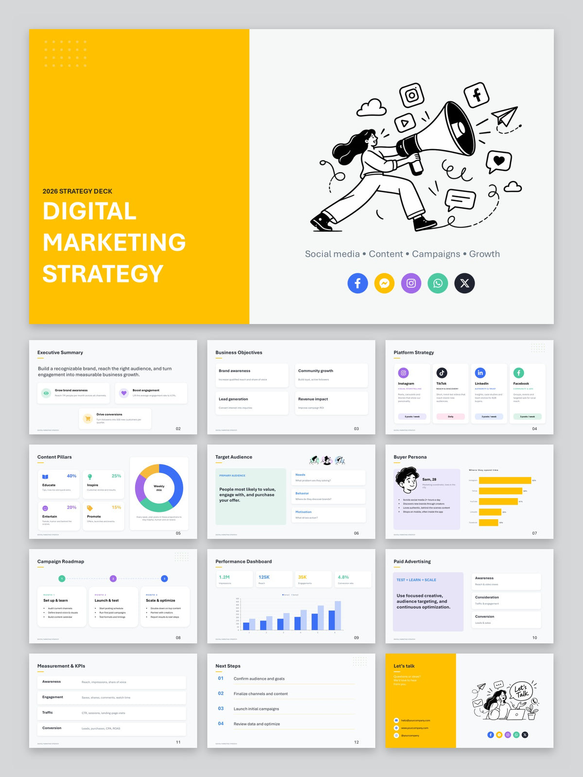All slides of Digital Marketing Strategy Presentation Template, top to bottom