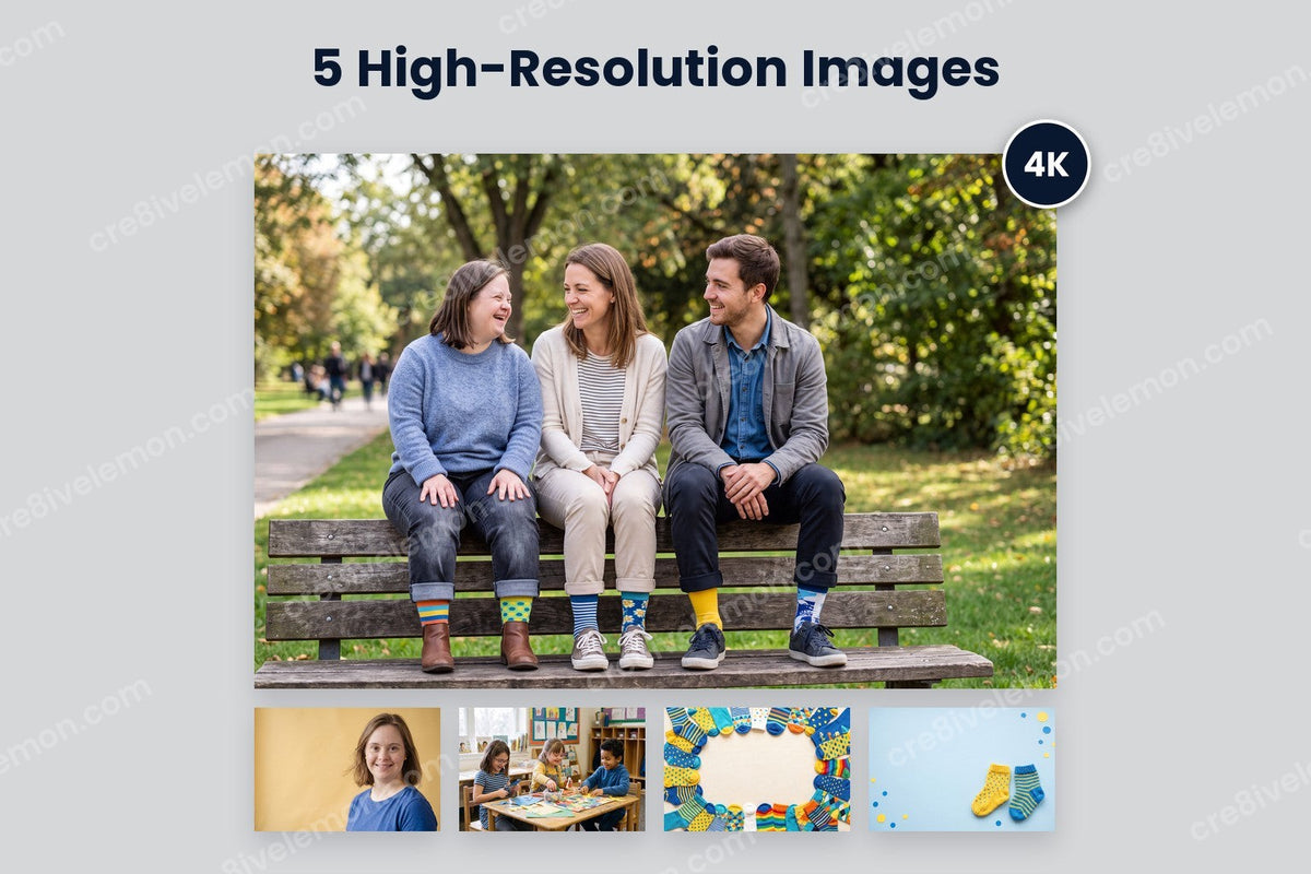 Down Syndrome Day AI Images preview: all five images, three friends in mismatched socks on a park bench large with a 4K badge and four smaller below, on a light grey background (watermarked preview)