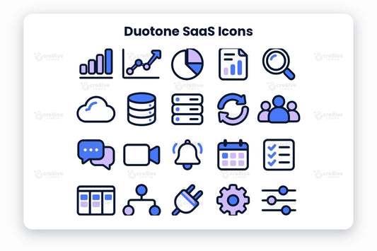 Duotone SaaS Icons preview on a light grey background, titled 25 Duotone SaaS Icons: navy line icons of bar chart, line chart, pie chart, report, search, cloud, database, server, sync, team, chat, video call, notification, calendar, checklist, kanban board, workflow, integration, settings, filters, security, lock, api key, payment and support