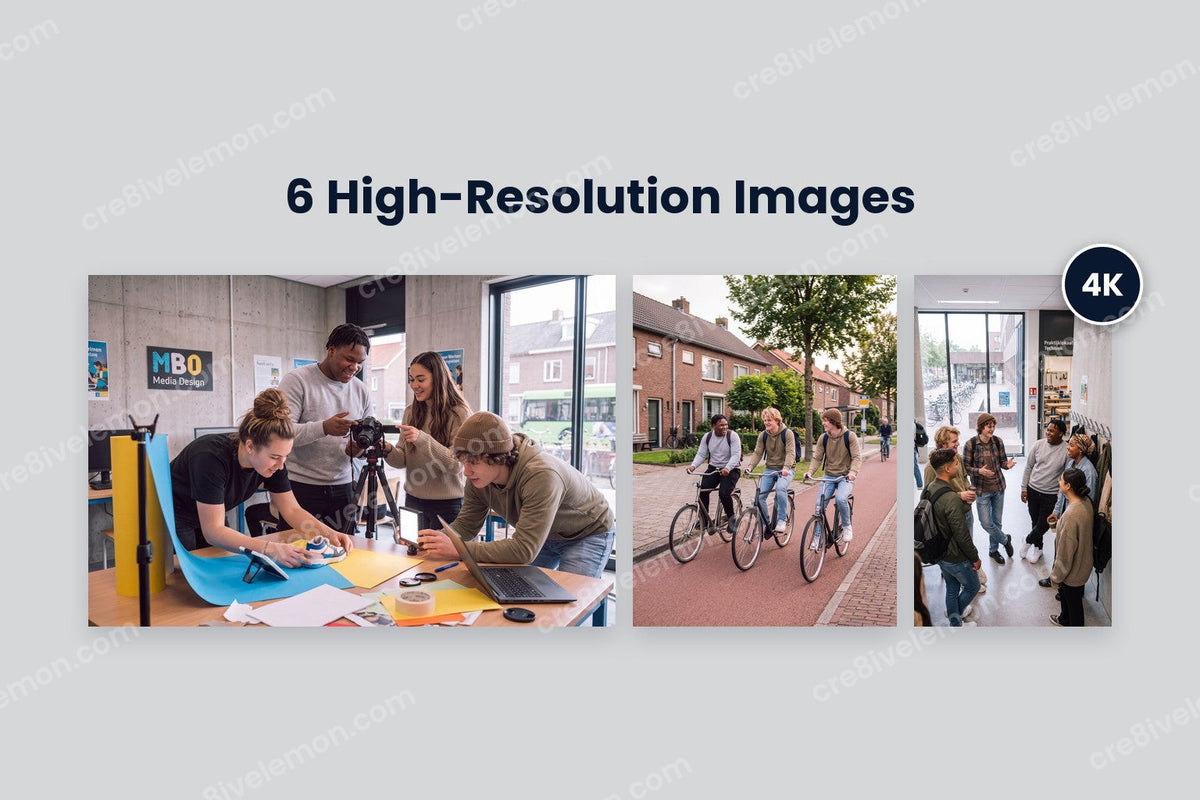 Dutch Student Life AI Image Pack preview: three photos side by side at their real shapes (media lesson, cycling home, school hallway) with a 4K badge, on a light grey background (watermarked preview)