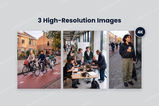Dutch Student Life Urban Edition preview: the three photos side by side at their real shapes (cycling, creative session, street portrait) with a 4K badge, on a light grey background (watermarked preview)
