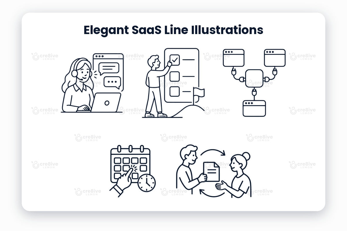 Elegant SaaS Line Illustrations preview: navy line illustrations of customer support, task checklist, app integrations, scheduling, team collaboration