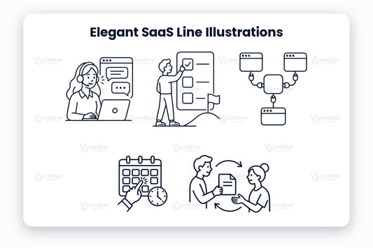 Elegant SaaS Line Illustrations preview: navy line illustrations of customer support, task checklist, app integrations, scheduling, team collaboration