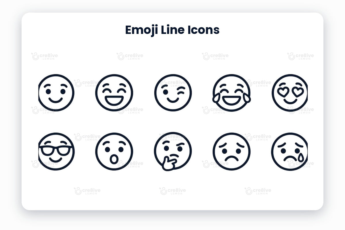 Emoji Line Icons preview on a light grey background, titled 12 Emoji Line Icons: navy line icons of smile, grin, wink, tears of joy, heart eyes, cool, surprised, thinking, sad, crying, angry and tired