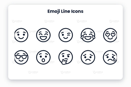 Emoji Line Icons preview on a light grey background, titled 12 Emoji Line Icons: navy line icons of smile, grin, wink, tears of joy, heart eyes, cool, surprised, thinking, sad, crying, angry and tired