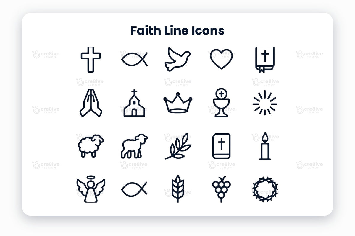 Faith Line Icons preview on a light grey background, titled 30 Faith Line Icons: navy line icons of cross, jesus fish, dove, heart, bible, praying hands, church, crown, communion, light, sheep, lamb, olive branch, holy book, candle, angel, fish, wheat, grapes, crown of thorns, rainbow, anchor, heart with cross, world, water, sun, star, manger, palm branch and commandments