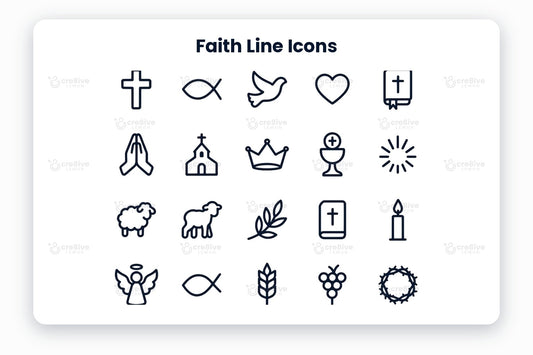 Faith Line Icons preview on a light grey background, titled 30 Faith Line Icons: navy line icons of cross, jesus fish, dove, heart, bible, praying hands, church, crown, communion, light, sheep, lamb, olive branch, holy book, candle, angel, fish, wheat, grapes, crown of thorns, rainbow, anchor, heart with cross, world, water, sun, star, manger, palm branch and commandments
