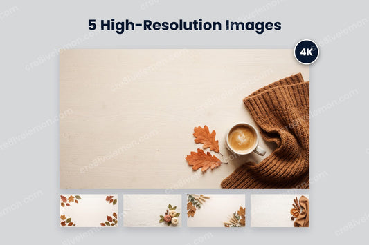 Fall & Autumn Flat Lay Backgrounds preview: all five autumn flat lays, one large knit and coffee scene with a 4K badge and four smaller below, on a light grey background (watermarked preview)