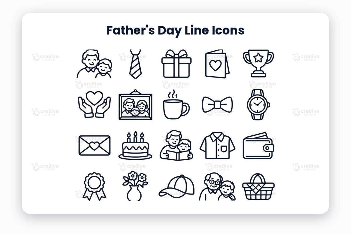 Father's Day Line Icons preview on a light grey background, titled 30 Father's Day Line Icons: navy line icons of father and son, tie, gift, greeting card, trophy, caring hands, family photo, coffee mug, bow tie, watch, love letter, birthday cake, story time, shirt, wallet, award badge, flower vase, cap, grandpa hug, picnic basket, camera, chess knight, guitar, watering can, walking together, heart balloon, breakfast tray, book, sneakers and home