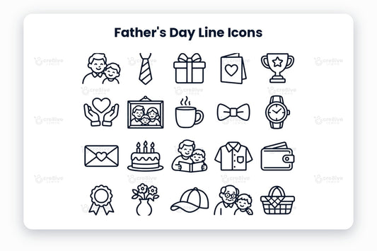 Father's Day Line Icons preview on a light grey background, titled 30 Father's Day Line Icons: navy line icons of father and son, tie, gift, greeting card, trophy, caring hands, family photo, coffee mug, bow tie, watch, love letter, birthday cake, story time, shirt, wallet, award badge, flower vase, cap, grandpa hug, picnic basket, camera, chess knight, guitar, watering can, walking together, heart balloon, breakfast tray, book, sneakers and home