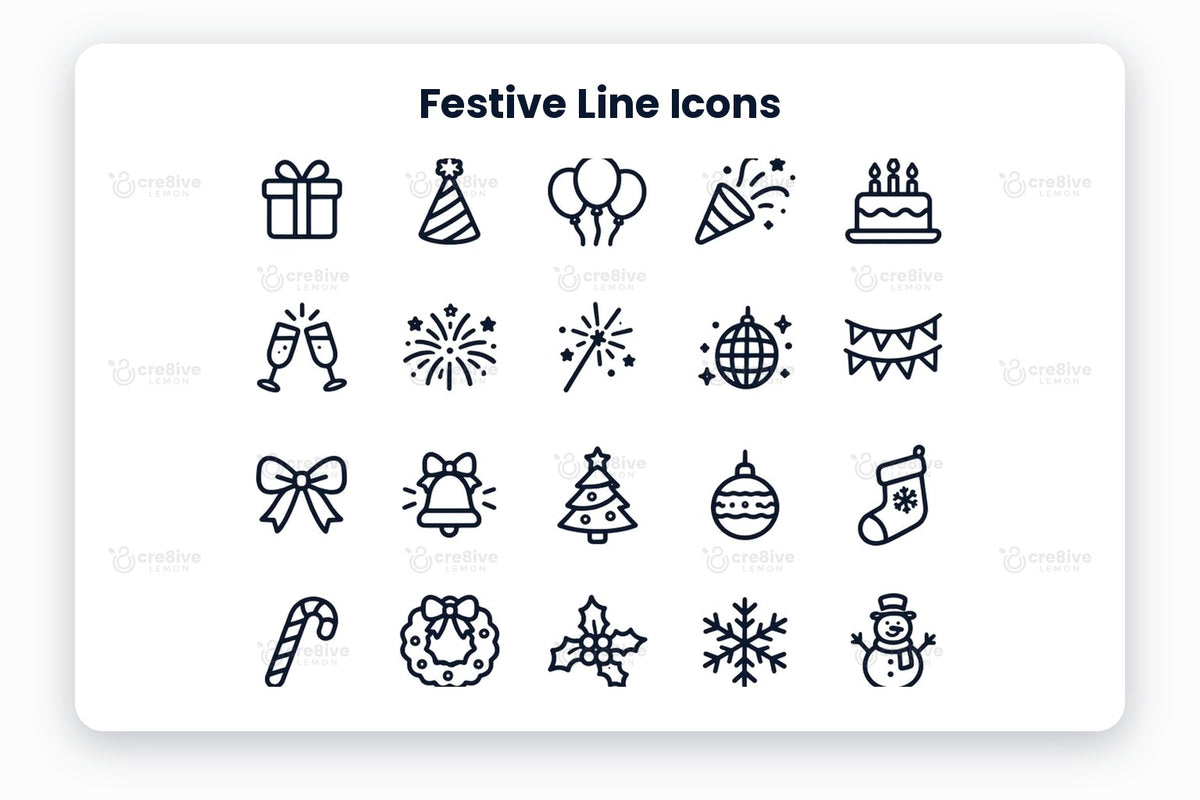 Festive Line Icons preview on a light grey background, titled 30 Festive Line Icons: navy line icons of gift, party hat, balloons, party popper, birthday cake, champagne toast, fireworks, sparkler, disco ball, bunting, bow, bell, christmas tree, bauble, stocking, candy cane, wreath, holly, snowflake, snowman, santa hat, gingerbread, candle, sleigh, champagne bottle, midnight clock, magic wand, party mask, party horn and cupcake