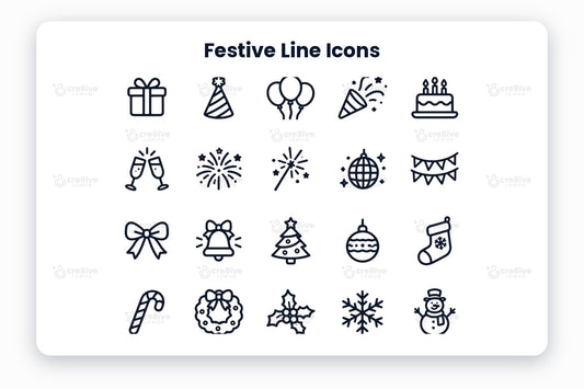 Festive Line Icons preview on a light grey background, titled 30 Festive Line Icons: navy line icons of gift, party hat, balloons, party popper, birthday cake, champagne toast, fireworks, sparkler, disco ball, bunting, bow, bell, christmas tree, bauble, stocking, candy cane, wreath, holly, snowflake, snowman, santa hat, gingerbread, candle, sleigh, champagne bottle, midnight clock, magic wand, party mask, party horn and cupcake