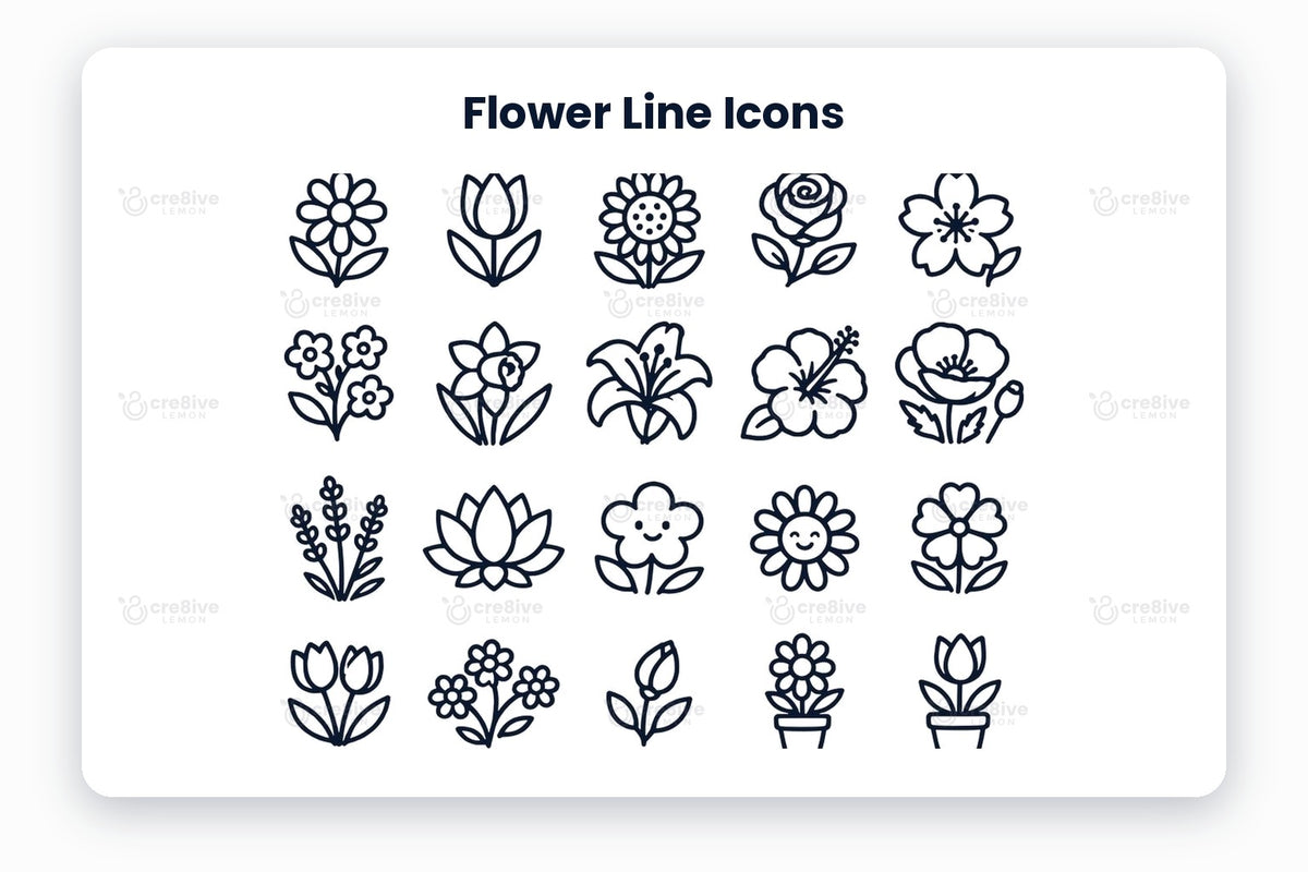 Flower Line Icons preview on a light grey background, titled 30 Flower Line Icons: navy line icons of daisy, tulip, sunflower, rose, cherry blossom, forget-me-not, daffodil, lily, hibiscus, poppy, lavender, lotus, happy flower, smiling daisy, heart flower, two tulips, wildflowers, rosebud, potted daisy, potted tulip, potted sunflower, bouquet, flower vase, flower basket, flower wreath, blossom branch, flower pair, flowering cactus, bluebells and little flowers