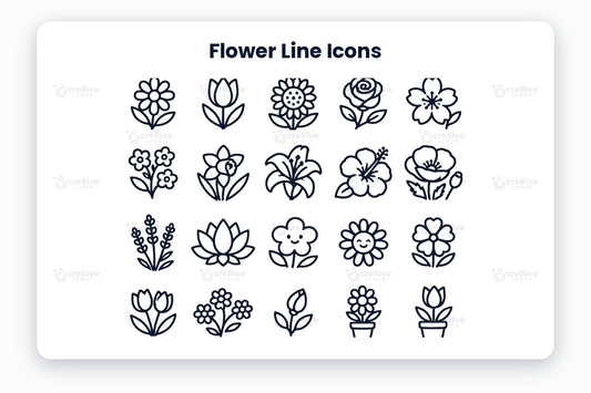 Flower Line Icons preview on a light grey background, titled 30 Flower Line Icons: navy line icons of daisy, tulip, sunflower, rose, cherry blossom, forget-me-not, daffodil, lily, hibiscus, poppy, lavender, lotus, happy flower, smiling daisy, heart flower, two tulips, wildflowers, rosebud, potted daisy, potted tulip, potted sunflower, bouquet, flower vase, flower basket, flower wreath, blossom branch, flower pair, flowering cactus, bluebells and little flowers