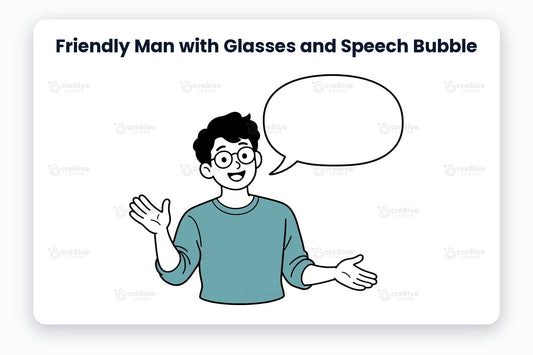 Friendly Man with Glasses and Speech Bubble illustration preview: a friendly character in a teal sweater with an empty speech bubble