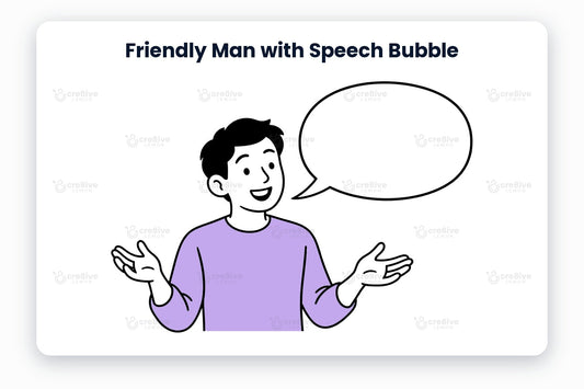 Friendly Man with Speech Bubble illustration preview: a friendly character in a lilac sweater with an empty speech bubble