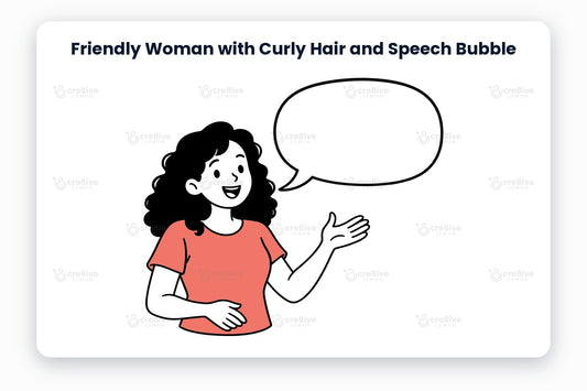 Friendly Woman with Curly Hair and Speech Bubble illustration preview: a friendly character in a coral T-shirt with an empty speech bubble