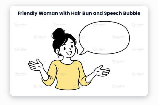 Friendly Woman with Hair Bun and Speech Bubble illustration preview: a friendly character in a yellow sweater with an empty speech bubble