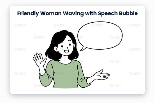 Friendly Woman Waving with Speech Bubble illustration preview: a friendly character in a sage green sweater with an empty speech bubble