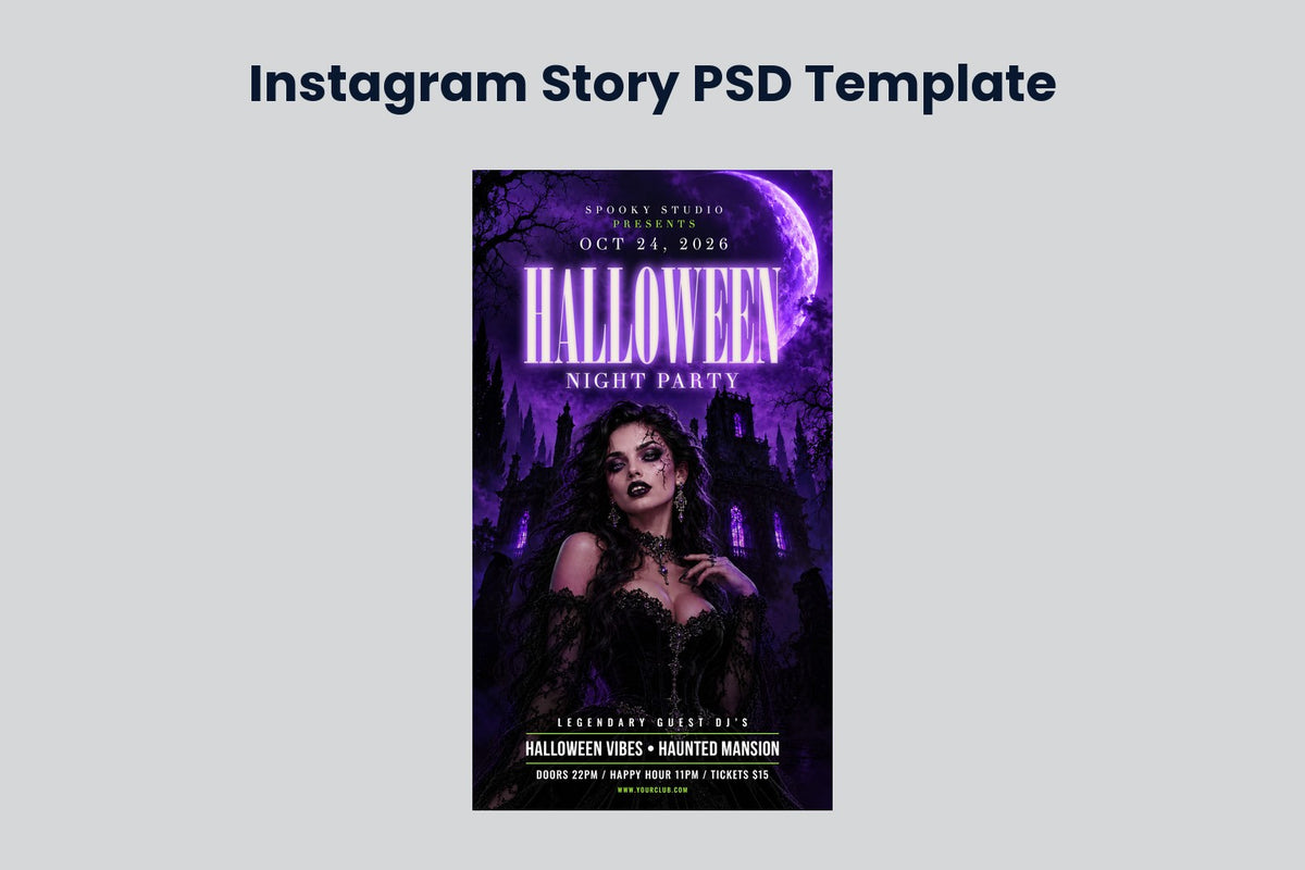 Halloween Night Party Story Template preview on a light grey background, titled Instagram Story PSD Template