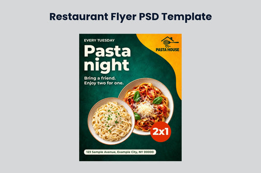Modern Pasta Night Flyer preview on a light grey background, titled Restaurant Flyer PSD Template