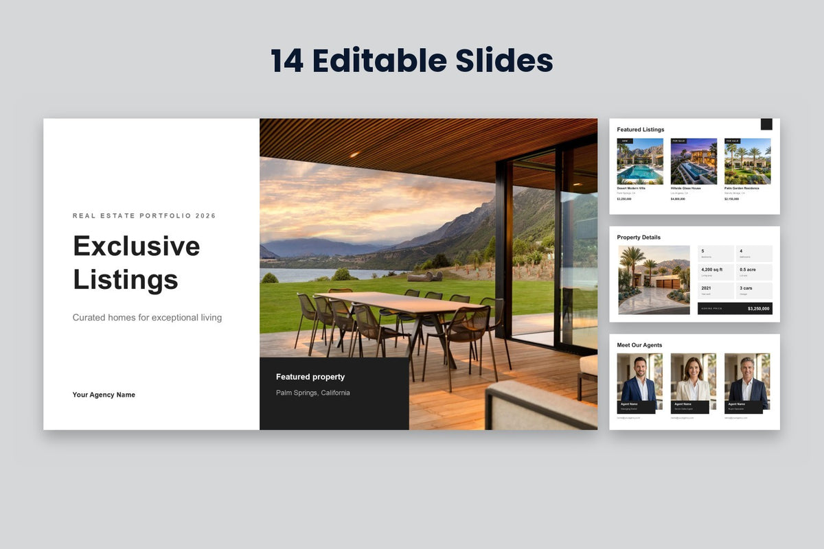 Real Estate Presentation Template, 14 editable slides: the Exclusive Listings cover with Featured Listings, Property Details and Meet Our Agents slides