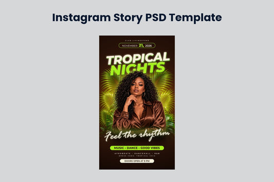 Tropical Nights Story Template preview on a light grey background, titled Instagram Story PSD Template