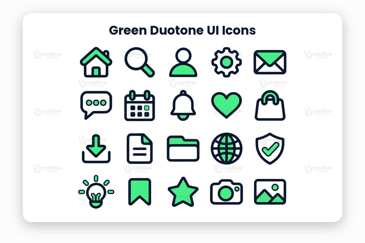 Green Duotone UI Icons preview on a light grey background, titled 30 Green Duotone UI Icons: navy and green duotone icons of home, search, user, settings, mail, chat, calendar, notification, favorite, shopping bag, download, document, folder, globe, security, idea, bookmark, star, camera, image, play, headphones, location, clock, lock, credit card, statistics, upload, link and gift