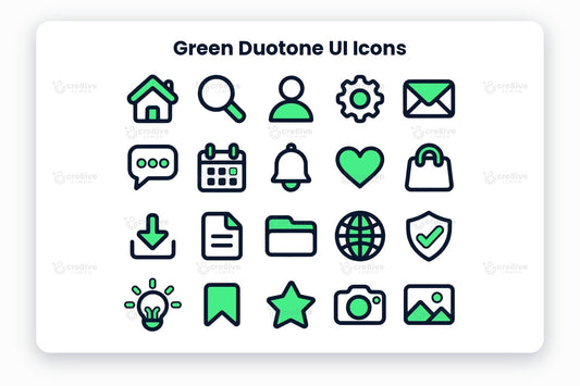 Green Duotone UI Icons preview on a light grey background, titled 30 Green Duotone UI Icons: navy and green duotone icons of home, search, user, settings, mail, chat, calendar, notification, favorite, shopping bag, download, document, folder, globe, security, idea, bookmark, star, camera, image, play, headphones, location, clock, lock, credit card, statistics, upload, link and gift
