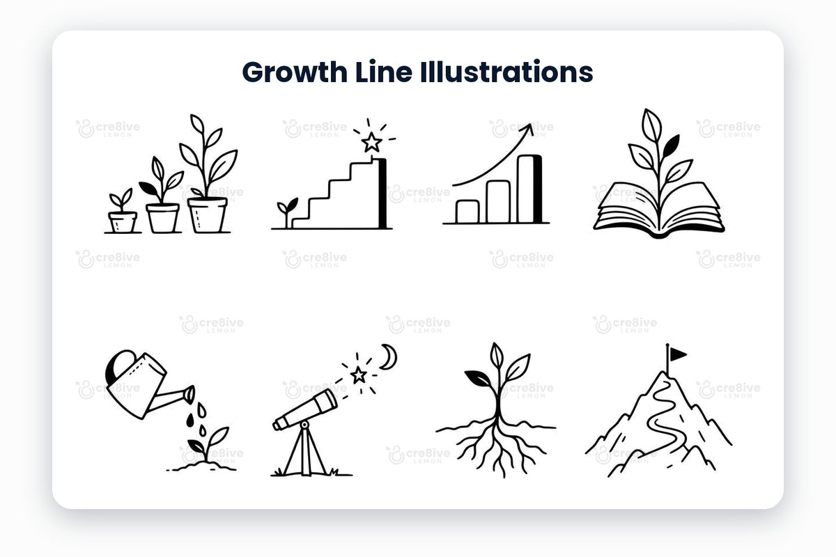 Growth Line Illustrations preview: black line illustrations of growing plants, steps to success, growth chart, learning and growth, nurturing growth, vision and goals, strong roots, reaching the summit