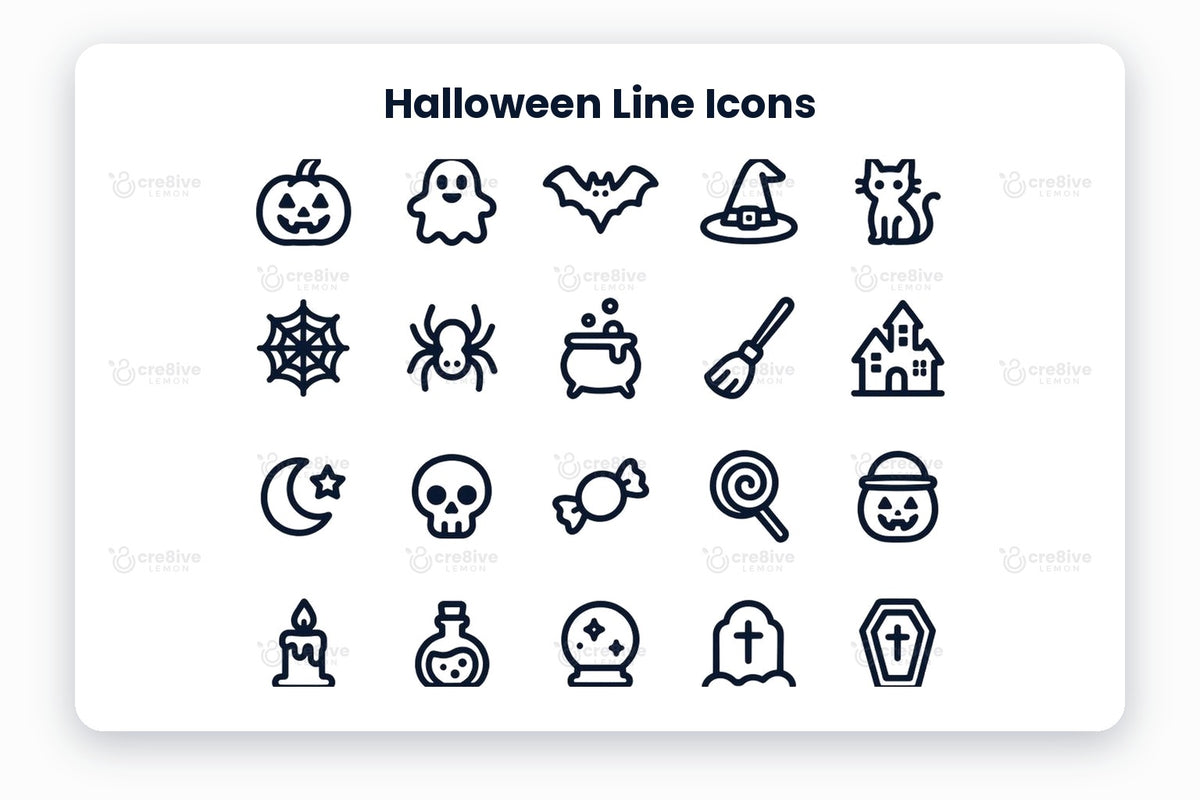 Halloween Line Icons preview on a light grey background, titled 30 Halloween Line Icons: navy line icons of jack-o-lantern, ghost, bat, witch hat, black cat, spider web, spider, cauldron, broom, haunted house, moon and star, skull, candy, lollipop, pumpkin bucket, candle, potion, crystal ball, gravestone, coffin, spooky tree, owl, scarecrow, witch boot, vampire fangs, frankenstein, mummy, eyeball, skeleton hand and magic wand