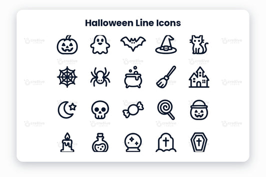 Halloween Line Icons preview on a light grey background, titled 30 Halloween Line Icons: navy line icons of jack-o-lantern, ghost, bat, witch hat, black cat, spider web, spider, cauldron, broom, haunted house, moon and star, skull, candy, lollipop, pumpkin bucket, candle, potion, crystal ball, gravestone, coffin, spooky tree, owl, scarecrow, witch boot, vampire fangs, frankenstein, mummy, eyeball, skeleton hand and magic wand