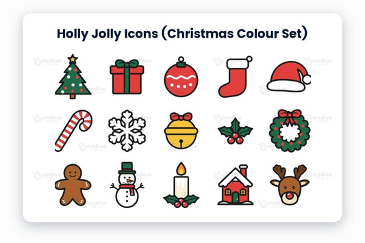 Holly Jolly Icons (Christmas Colour Set) preview on a light grey background, titled 16 Christmas Icons: tree, gift, bauble, stocking, Santa hat, candy cane, snowflake, bell, holly, wreath, gingerbread man, snowman, candle, house, reindeer and sleigh