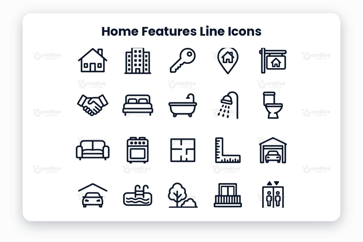 Home Features Line Icons preview on a light grey background, titled 30 Home Features Line Icons: navy line icons of a house, apartment, key, location pin, for sale sign, handshake, bed, bathtub, shower, toilet, sofa, stove, floor plan, garage, pool, garden, balcony, elevator, stairs, air conditioning, heating, solar panels and more