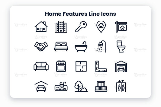 Home Features Line Icons preview on a light grey background, titled 30 Home Features Line Icons: navy line icons of a house, apartment, key, location pin, for sale sign, handshake, bed, bathtub, shower, toilet, sofa, stove, floor plan, garage, pool, garden, balcony, elevator, stairs, air conditioning, heating, solar panels and more