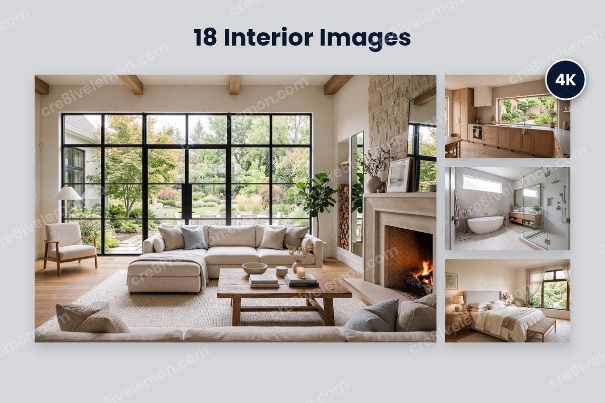 Home Interiors AI Image Pack preview: one large 4K image with a 4K badge and three smaller images from the pack on a light grey background (watermarked preview)