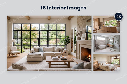 Home Interiors AI Image Pack preview: one large 4K image with a 4K badge and three smaller images from the pack on a light grey background (watermarked preview)