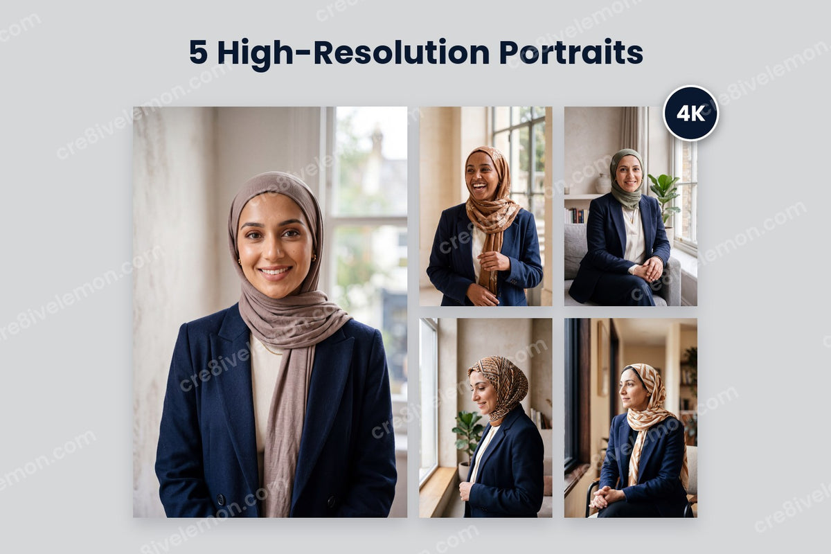 Professional Women in Hijab Portrait Collection preview: one large front-facing portrait and four smaller portraits with a 4K badge, on a light grey background (watermarked preview)