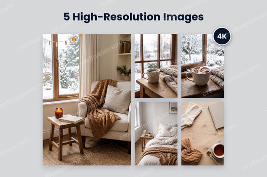 Cozy Winter Lifestyle AI Image Pack preview: one large candlelit reading corner and four smaller winter scenes with a 4K badge, on a light grey background (watermarked preview)