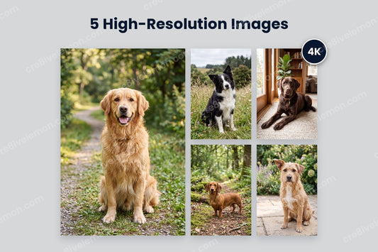 Realistic Dog Portraits AI Image Pack preview: one large golden retriever portrait and four smaller dog portraits with a 4K badge, on a light grey background (watermarked preview)