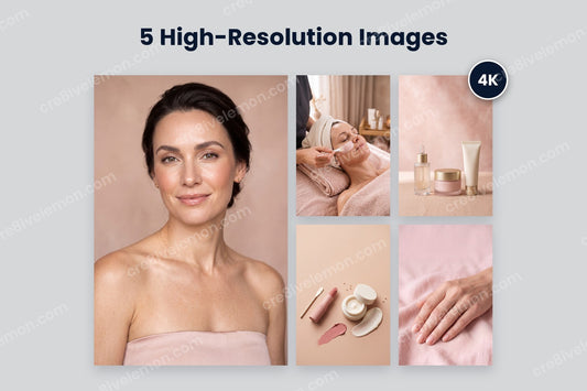 Blush Beauty AI Image Pack preview: one large beauty portrait and four smaller beauty scenes with a 4K badge, on a light grey background (watermarked preview)