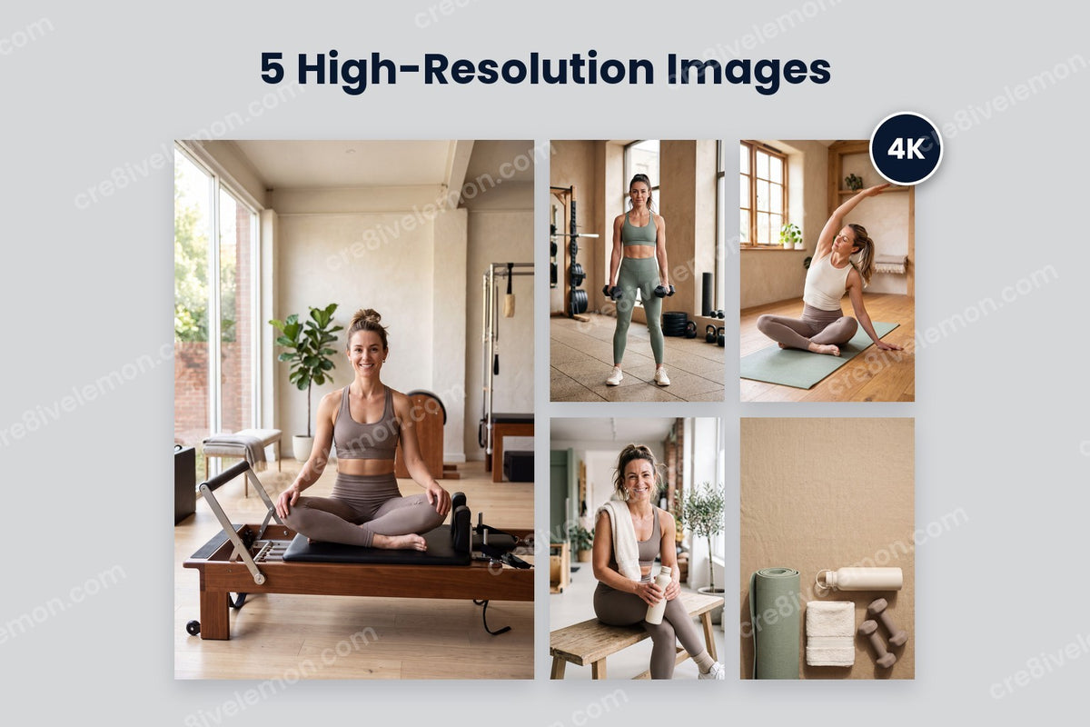 Elegant Fitness AI Image Pack preview: one large Pilates studio scene and four smaller fitness photos with a 4K badge, on a light grey background (watermarked preview)