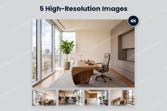 Modern Office AI Image Pack preview: one large executive office and four smaller office interiors in a row below with a 4K badge, on a light grey background (watermarked preview)