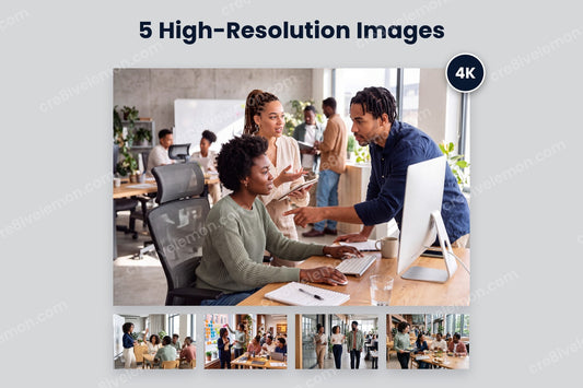 Young Professionals at Work AI Image Pack preview: one large design review at a desk and four smaller workplace photos in a row below with a 4K badge, on a light grey background (watermarked preview)