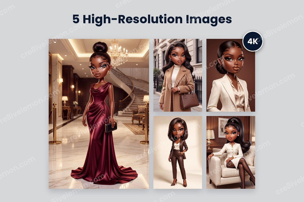Luxe Fashion Doll AI Image Pack preview: one large burgundy evening gown illustration and four smaller fashion doll illustrations with a 4K badge, on a light grey background (watermarked preview)
