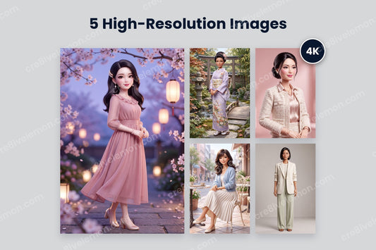 Japanese Doll Fashion AI Image Pack preview: one large cherry blossom evening illustration and four smaller fashion doll illustrations with a 4K badge, on a light grey background (watermarked preview)